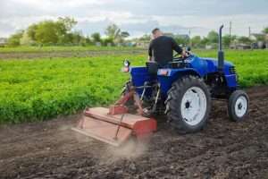 Farmer loosens and cultivates soil of field.
